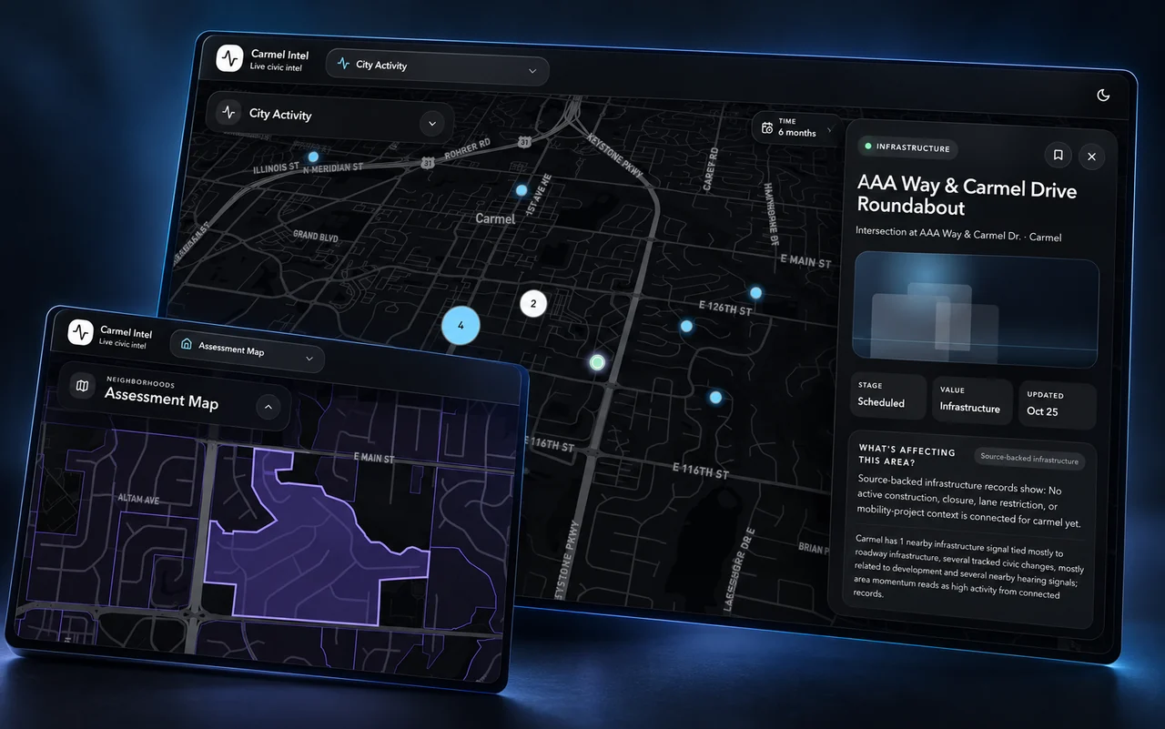 Carmel Intel’s city activity map and infrastructure details, with a neighborhood assessment map showing a purple subdivision boundary in the foreground.