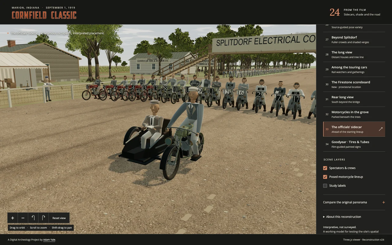 The officials' sidecar in the foreground of Cornfield Classic's 3D reconstruction, with the 1919 motorcycle lineup and grandstands behind it.
