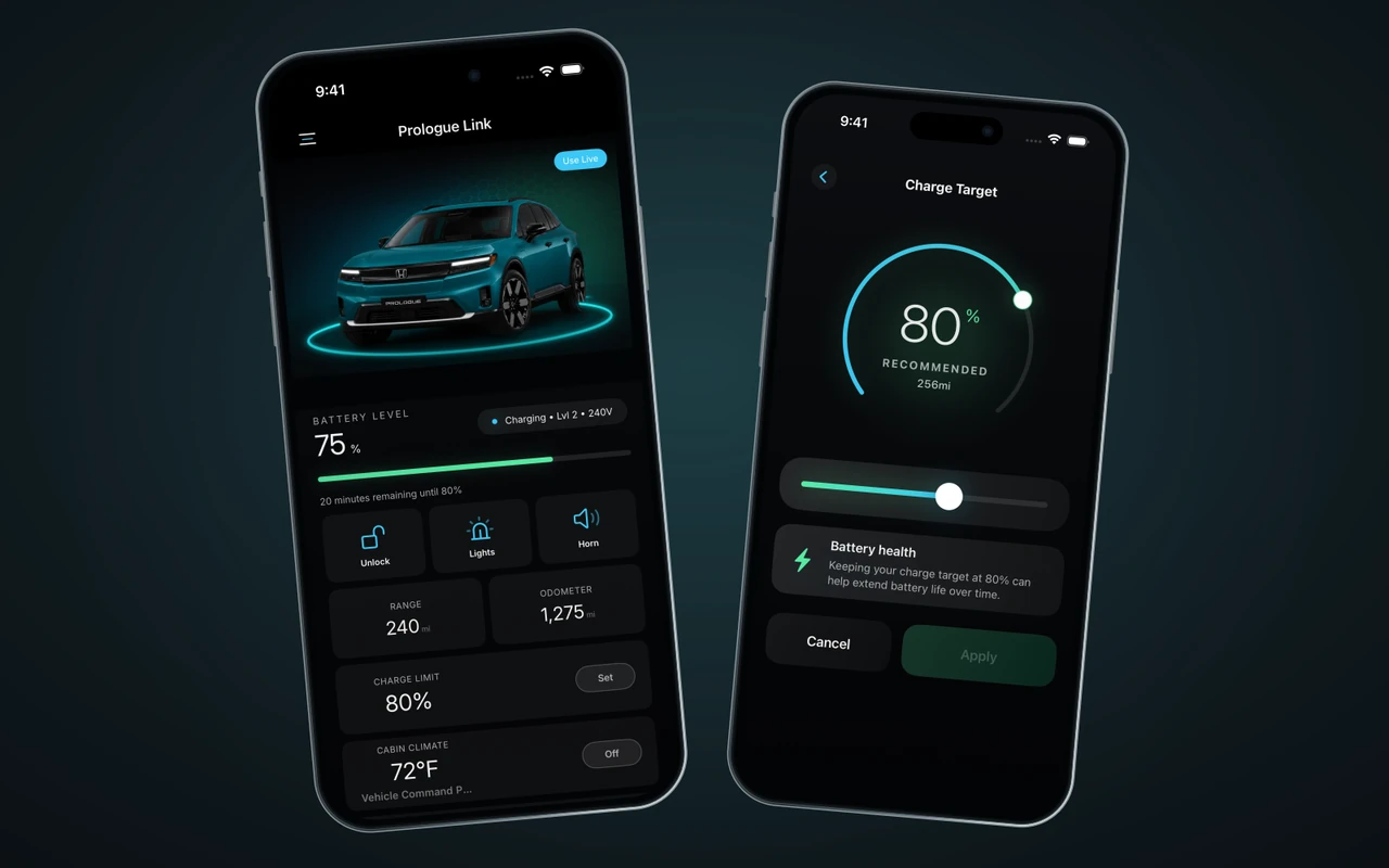 Prologue Link's vehicle dashboard and charge-target controls, captured on an iPhone 17 Pro simulator with sample data and presented in phone mockups.