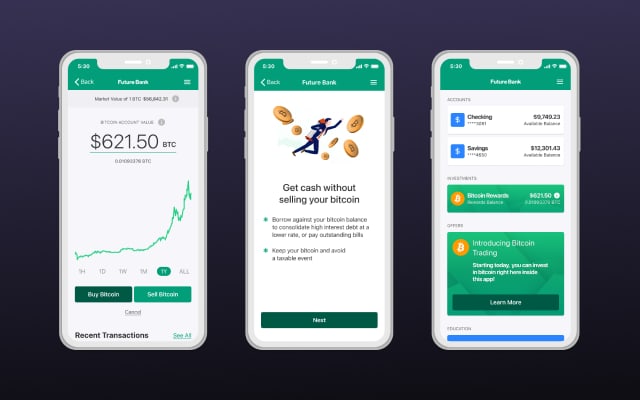 Future Bank mobile app showing bitcoin balances, rewards, and account activity