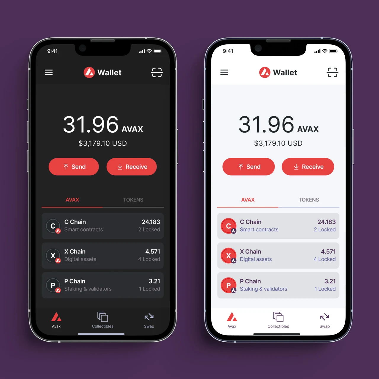 Original Avalanche wallet concept in dark and light themes, with an AVAX balance, Send and Receive actions, and C, X, and P Chain balances.