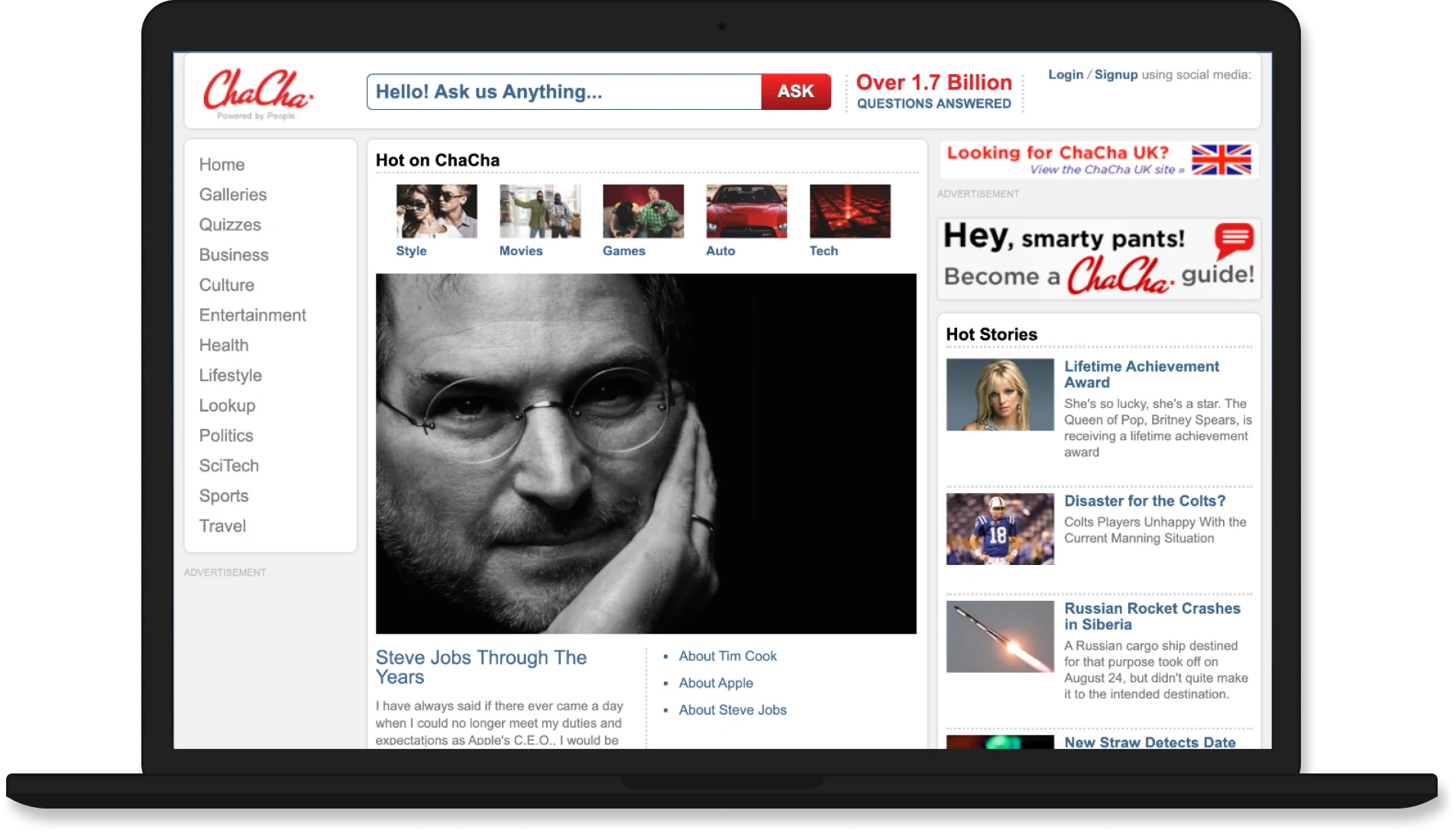 ChaCha desktop redesign in a laptop mockup, with a prominent question field, subject navigation, image-led stories, galleries, and quizzes.