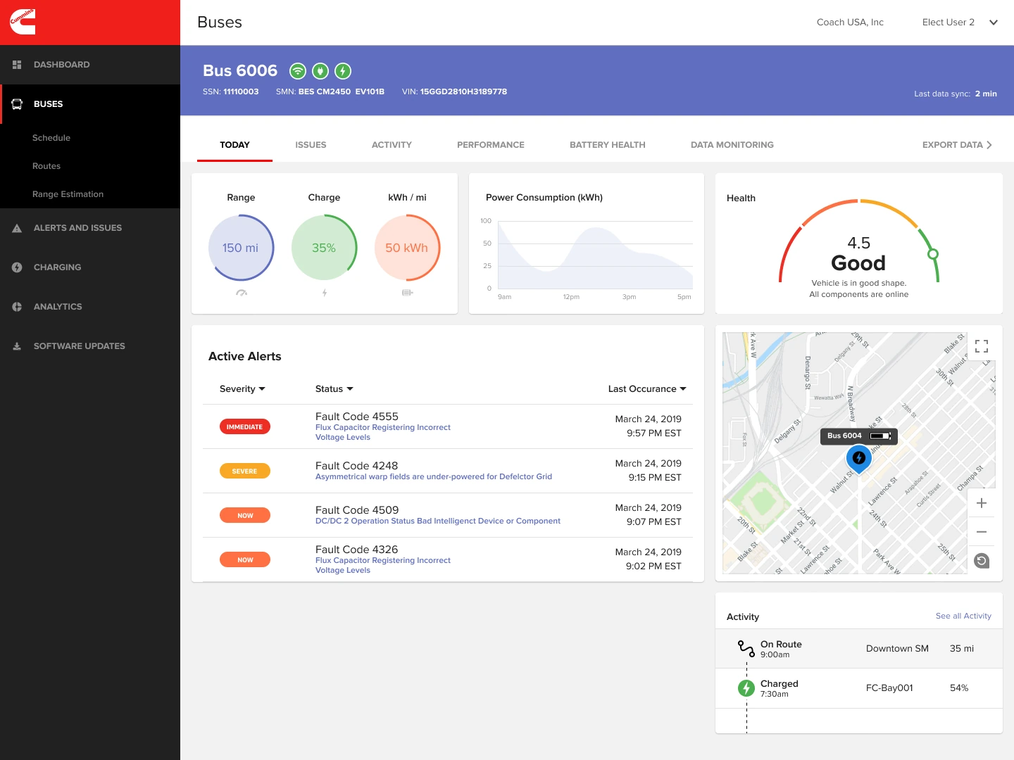 Bus detail design with range and charge gauges, power consumption, health, active alerts, location, and recent activity.