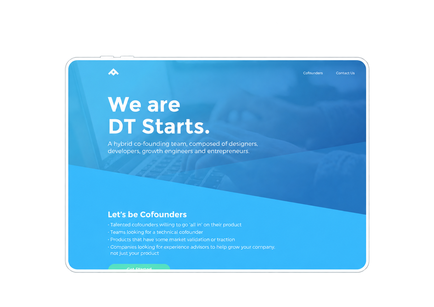 DT Starts homepage displayed inside a tablet-style frame, introducing its hybrid co-founding team.