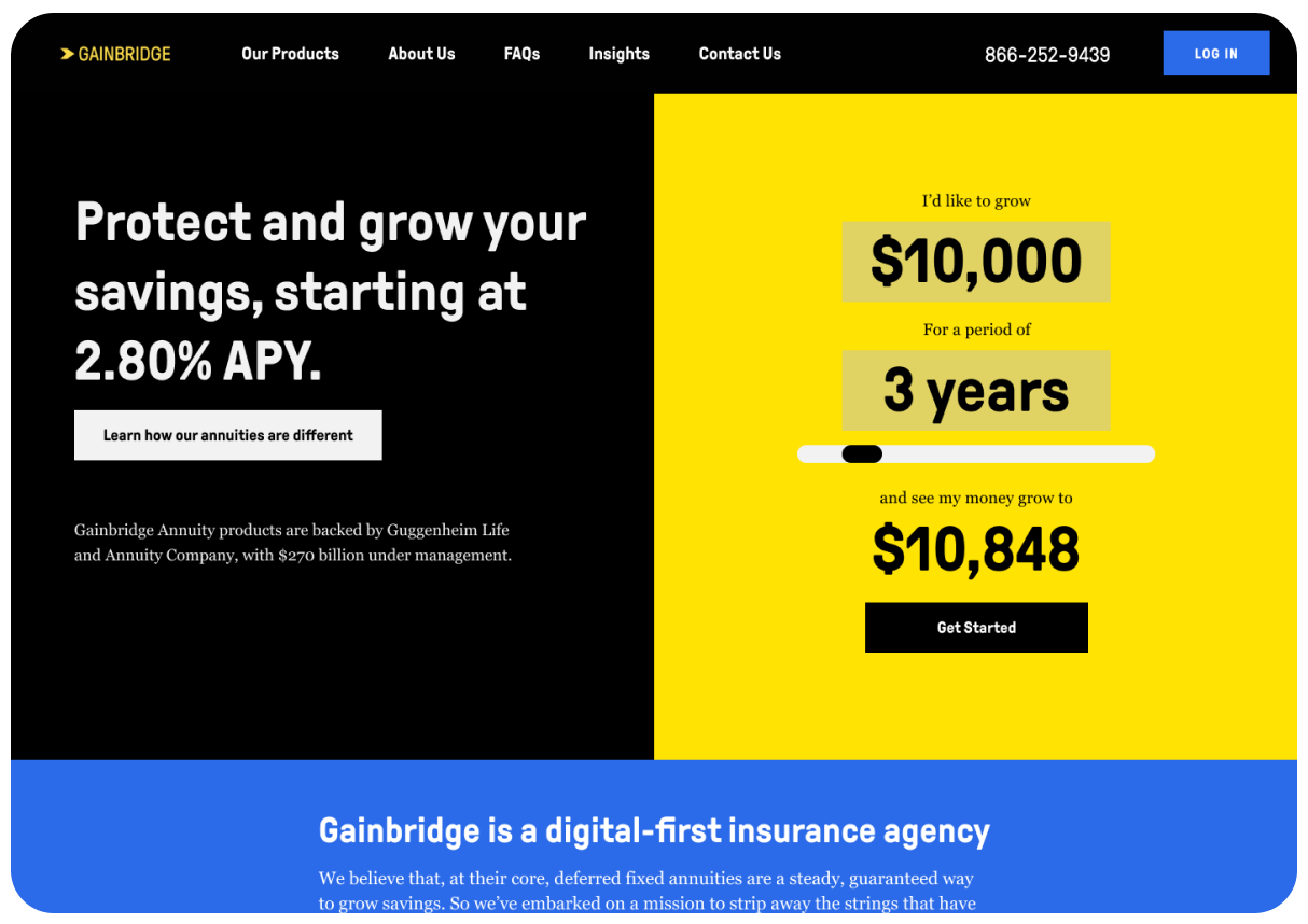 Gainbridge annuity homepage with a savings-growth calculator for a $10,000 deposit over three years.