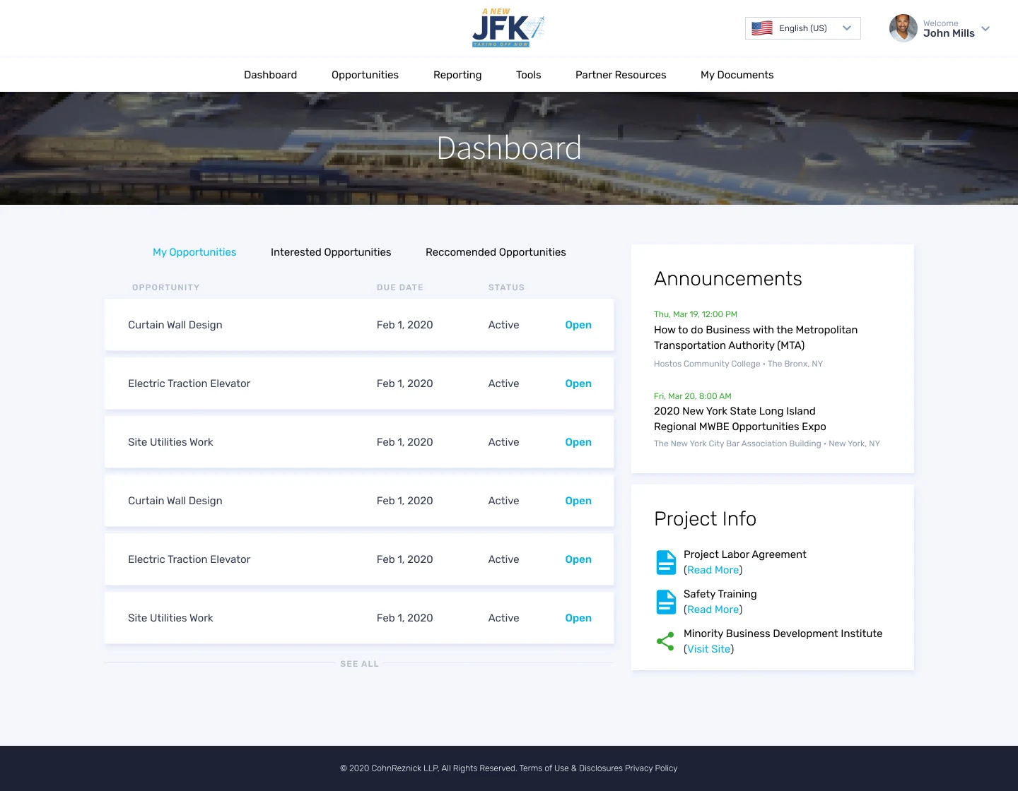 JFK vendor dashboard design with My Opportunities, Interested Opportunities and Recommended Opportunities tabs, plus due dates, status, announcements and project resources.