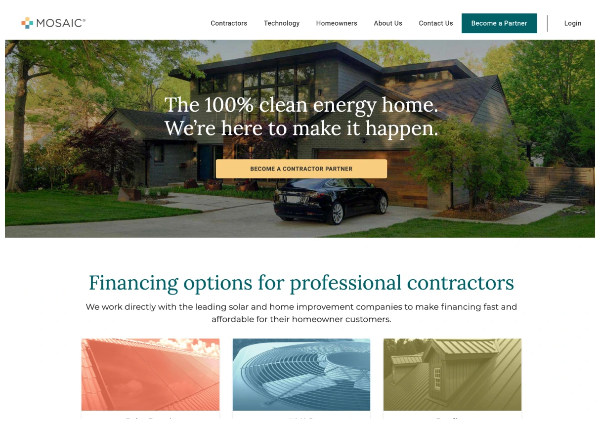 Mosaic homepage preview with a clean-energy home photograph, a contractor-partner call to action, and financing categories beneath the introduction.