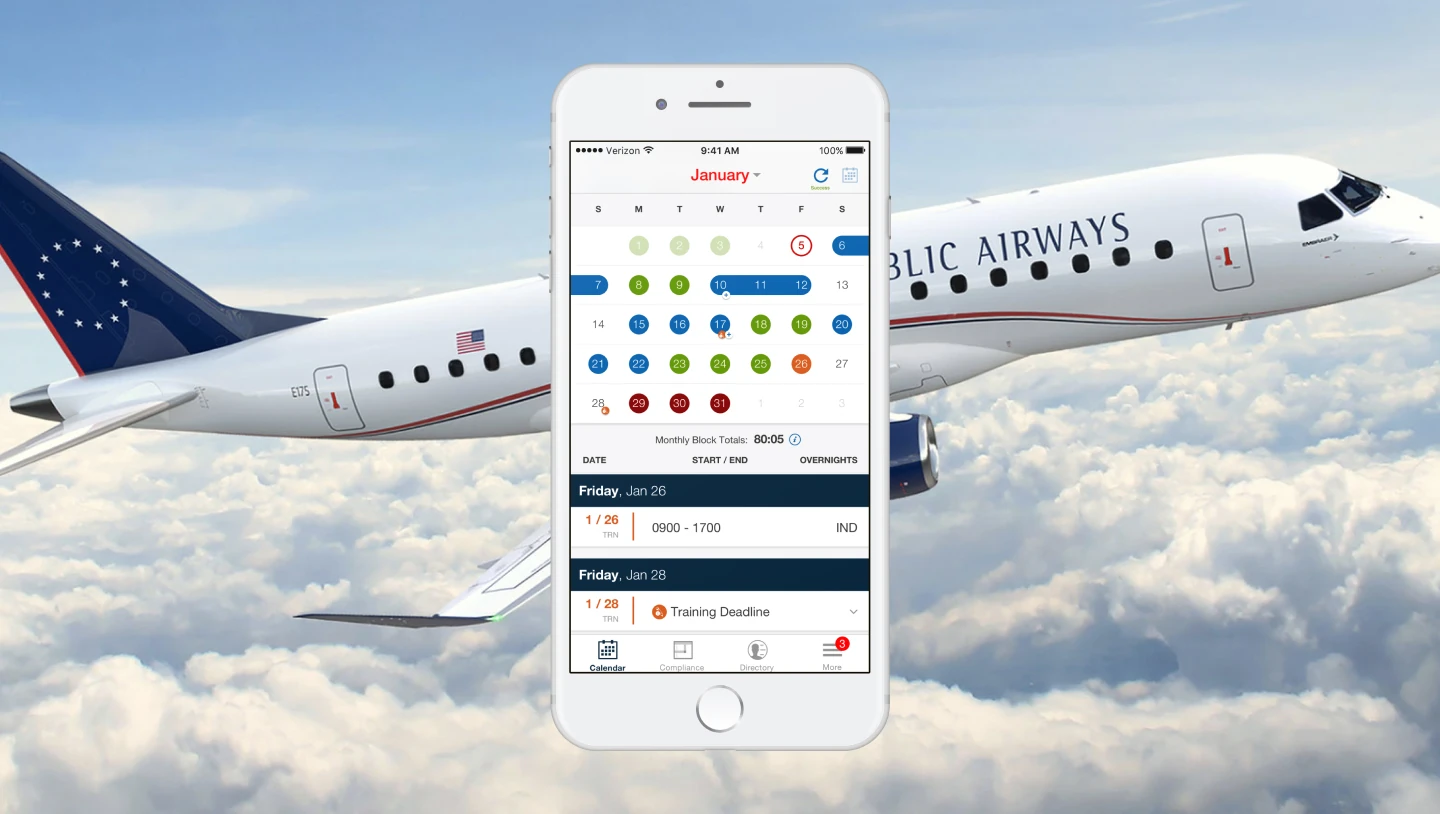 Original CrewLife calendar mockup over a Republic Airways aircraft in flight.