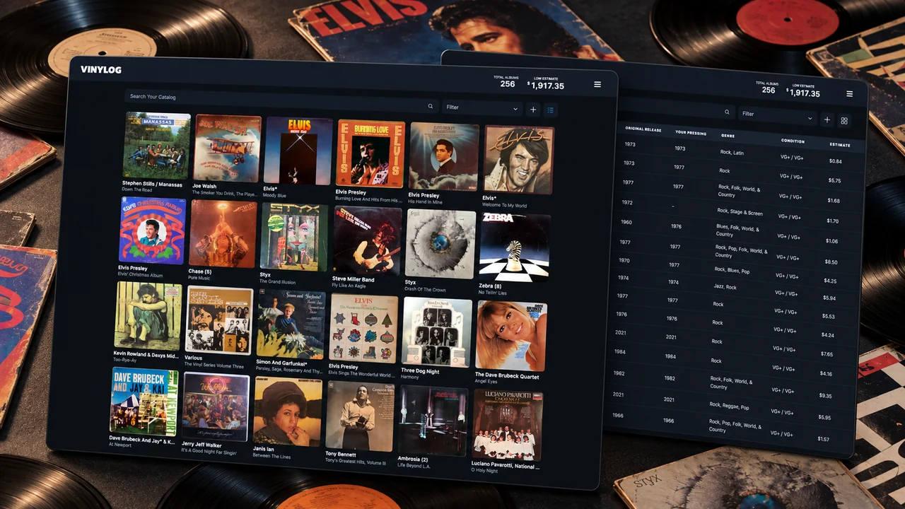 Vinylog's album grid and table views layered over scattered vinyl records and album sleeves.