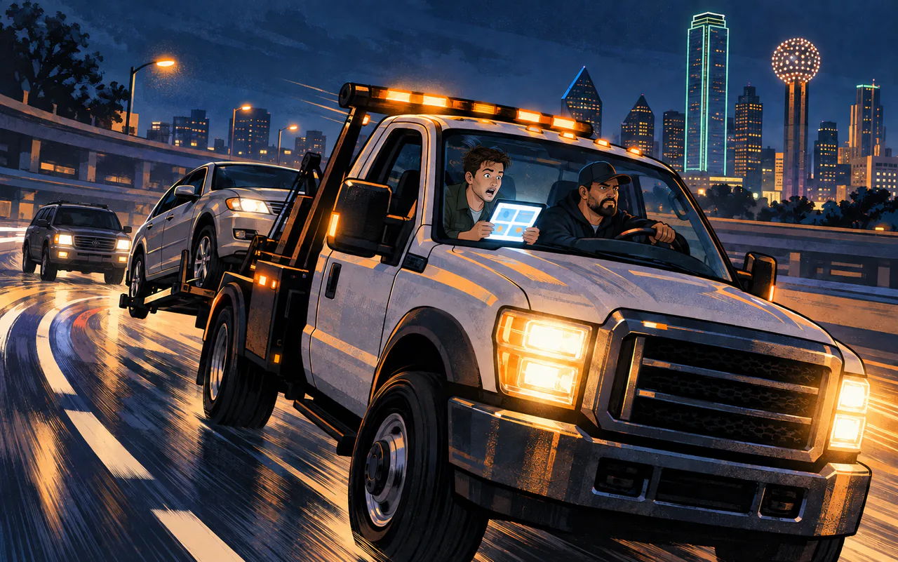 Illustration of a UX researcher and tow truck driver reviewing a tablet during a nighttime tow in Dallas.