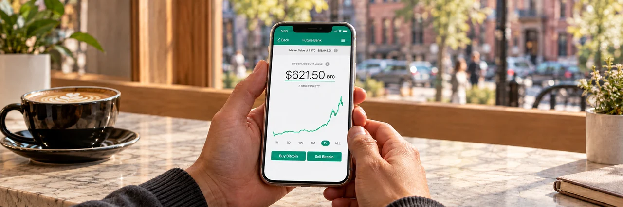 Hands holding a phone in a café, displaying the Future Bank bitcoin account balance, chart, and buy and sell controls.
